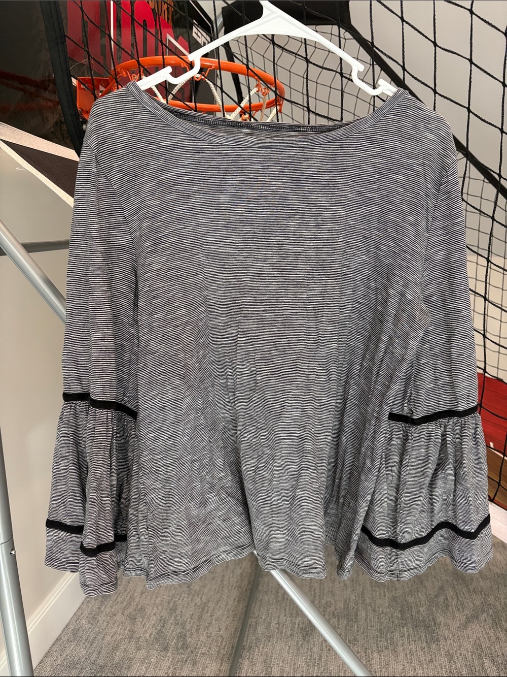 Loft Women’s Black & Gray Striped Bell Sleeve Top